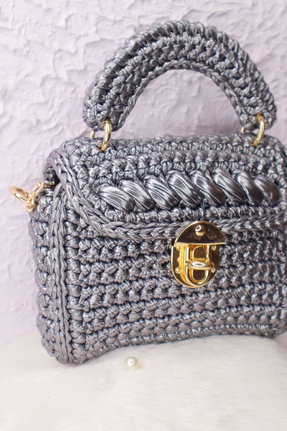 Handmade  Grey Metallic Crotchet Bag