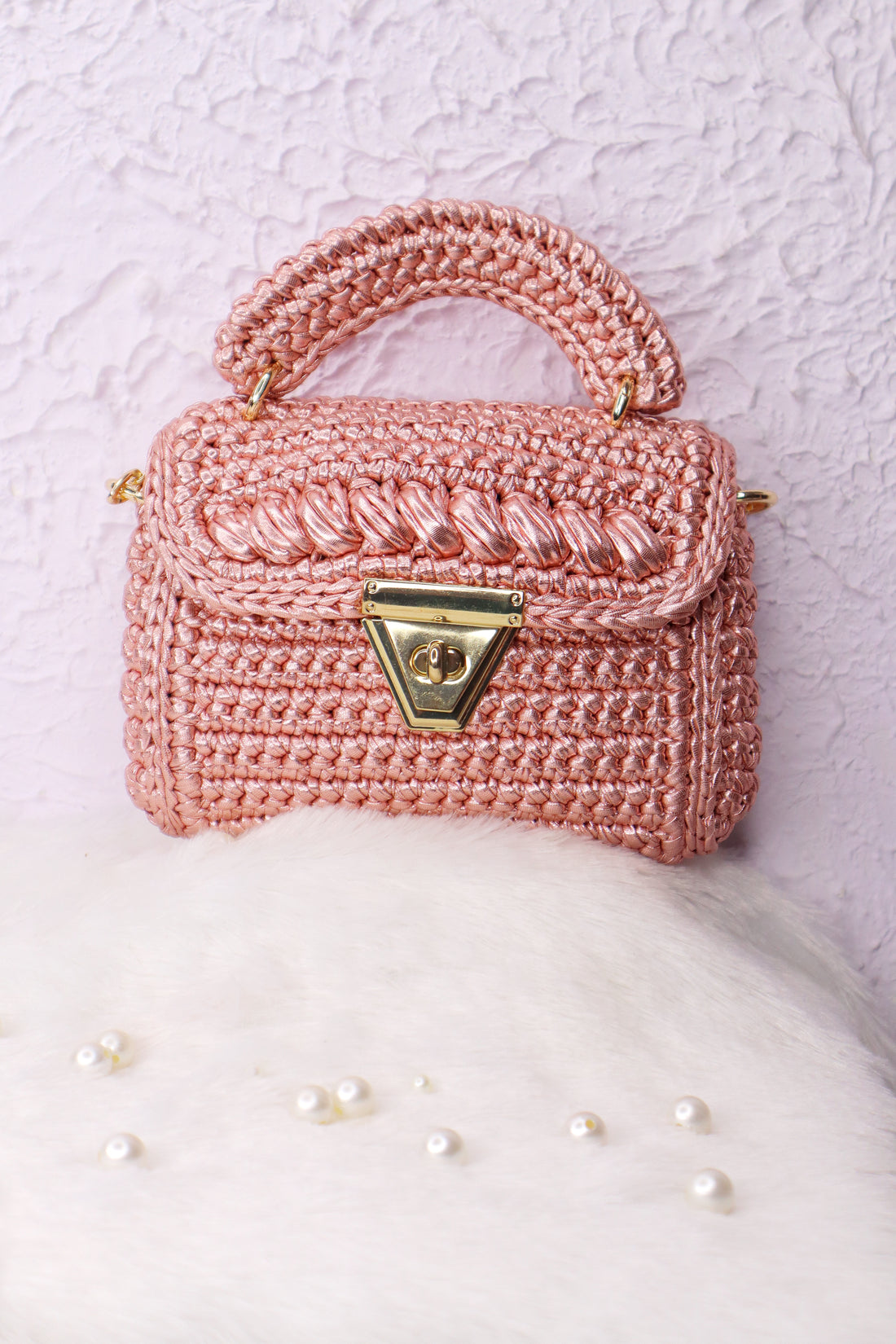 Handmade Rose Gold Metallic Crochet Bag