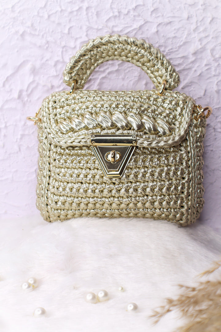 Handmade Light Gold Crochet Bag with Chain Strap