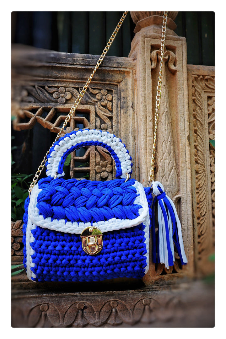 Elegant Blue and White Handcrafted Crochet Bag