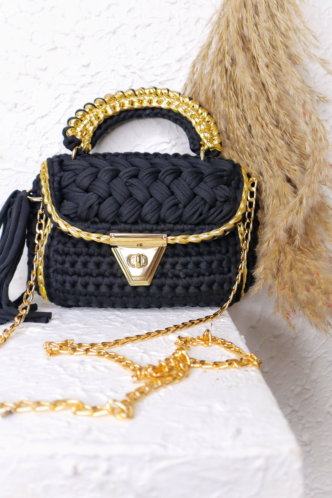 Magical Black With Gold Accents Handcrafted Crotchet Bag