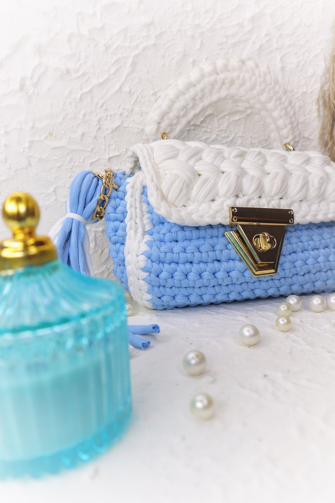 Pastel Blue and White Handcrafted Crotchet Bag