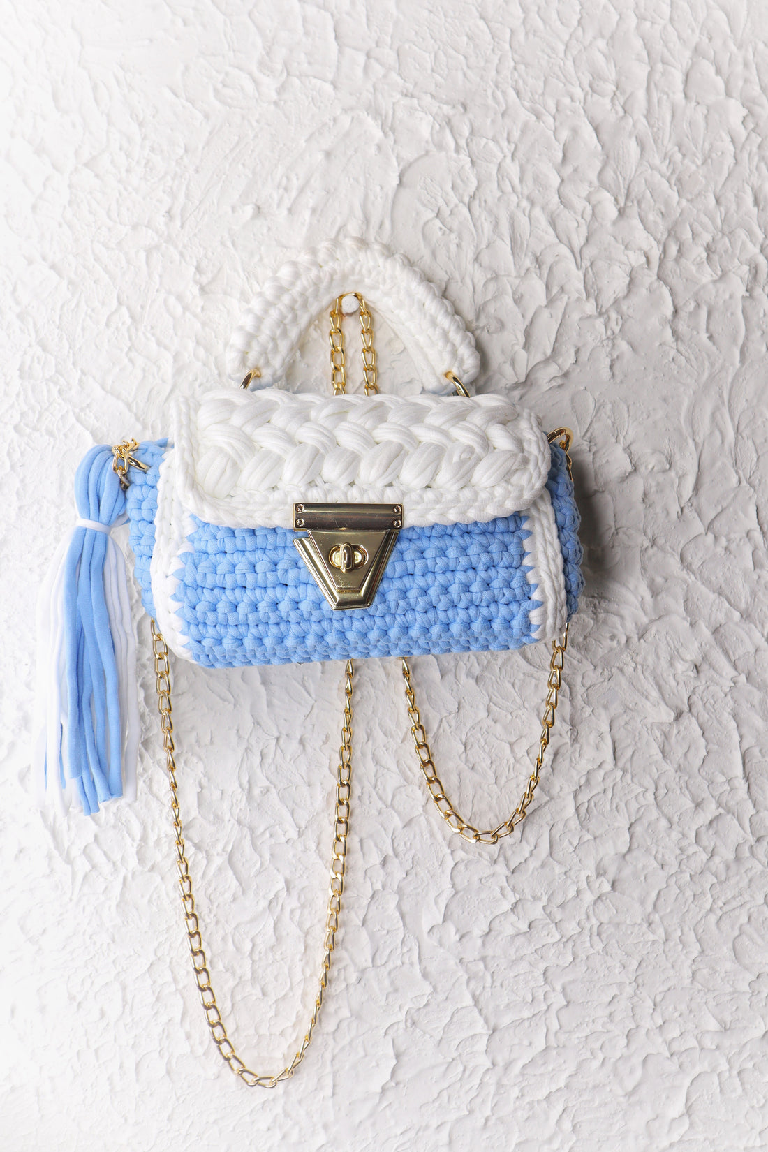 Pastel Blue and White Handcrafted Crotchet Bag