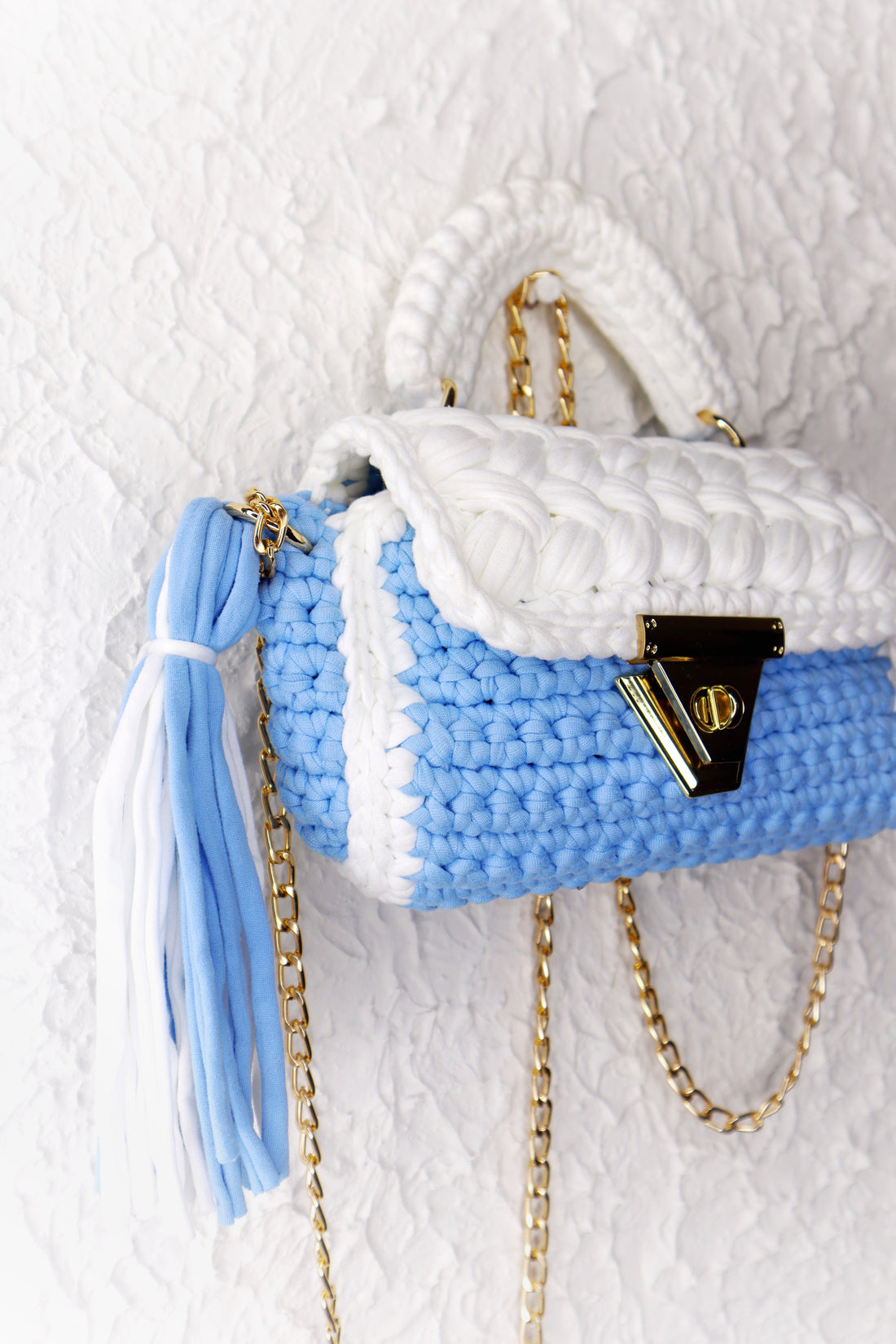 Pastel Blue and White Handcrafted Crotchet Bag