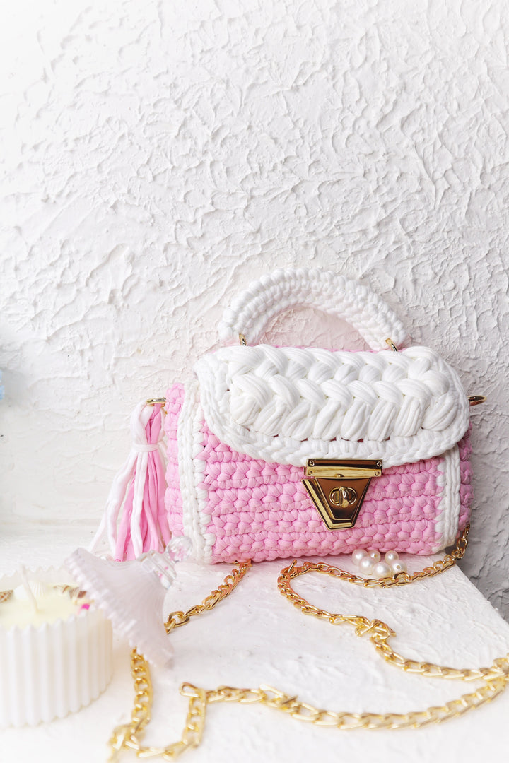 Pastel Pink and White Handcrafted Crotchet Bag