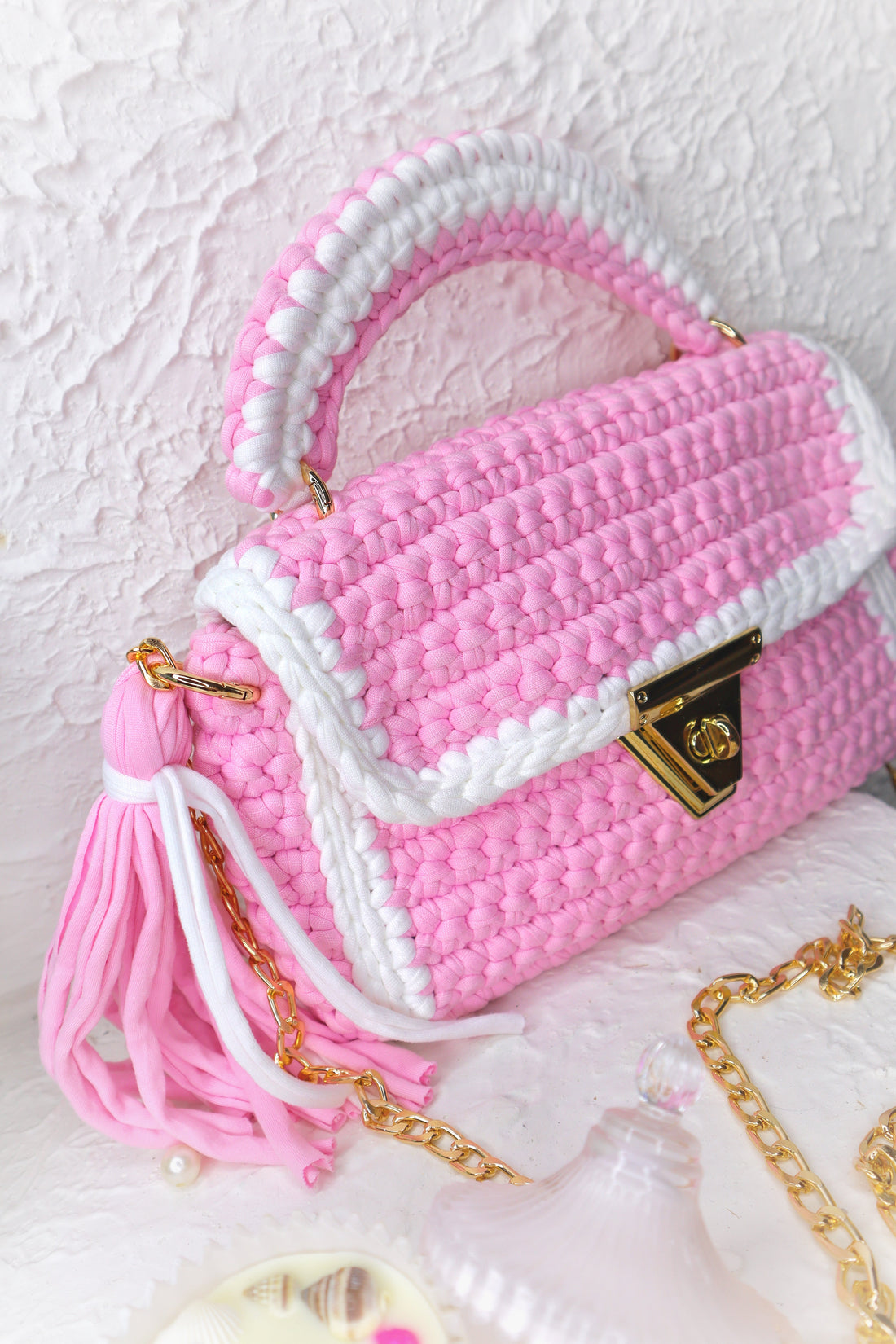 Baby Pink With White Accents Handcrafted Crotchet Bag