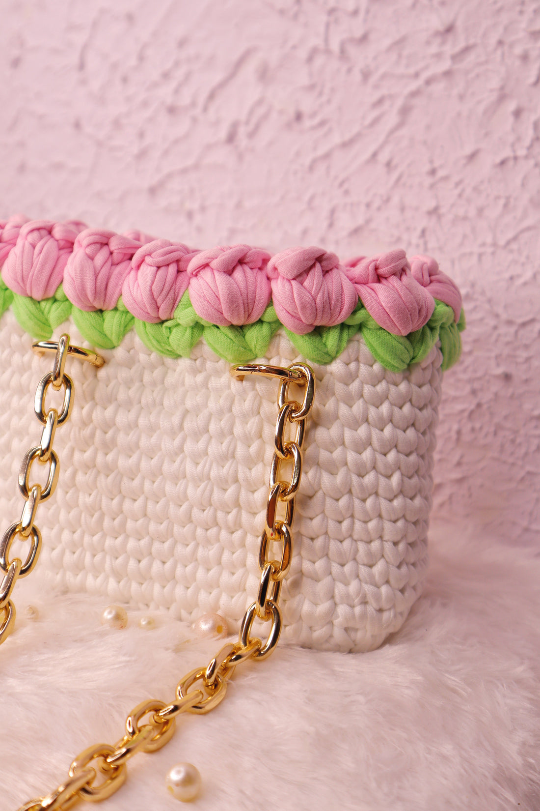 Ligh Pink Tulips on White  Handmade Crochet Bag