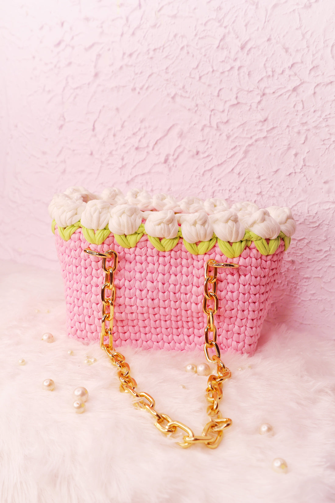 White Tulips on Pink Handmade Crochet Bag