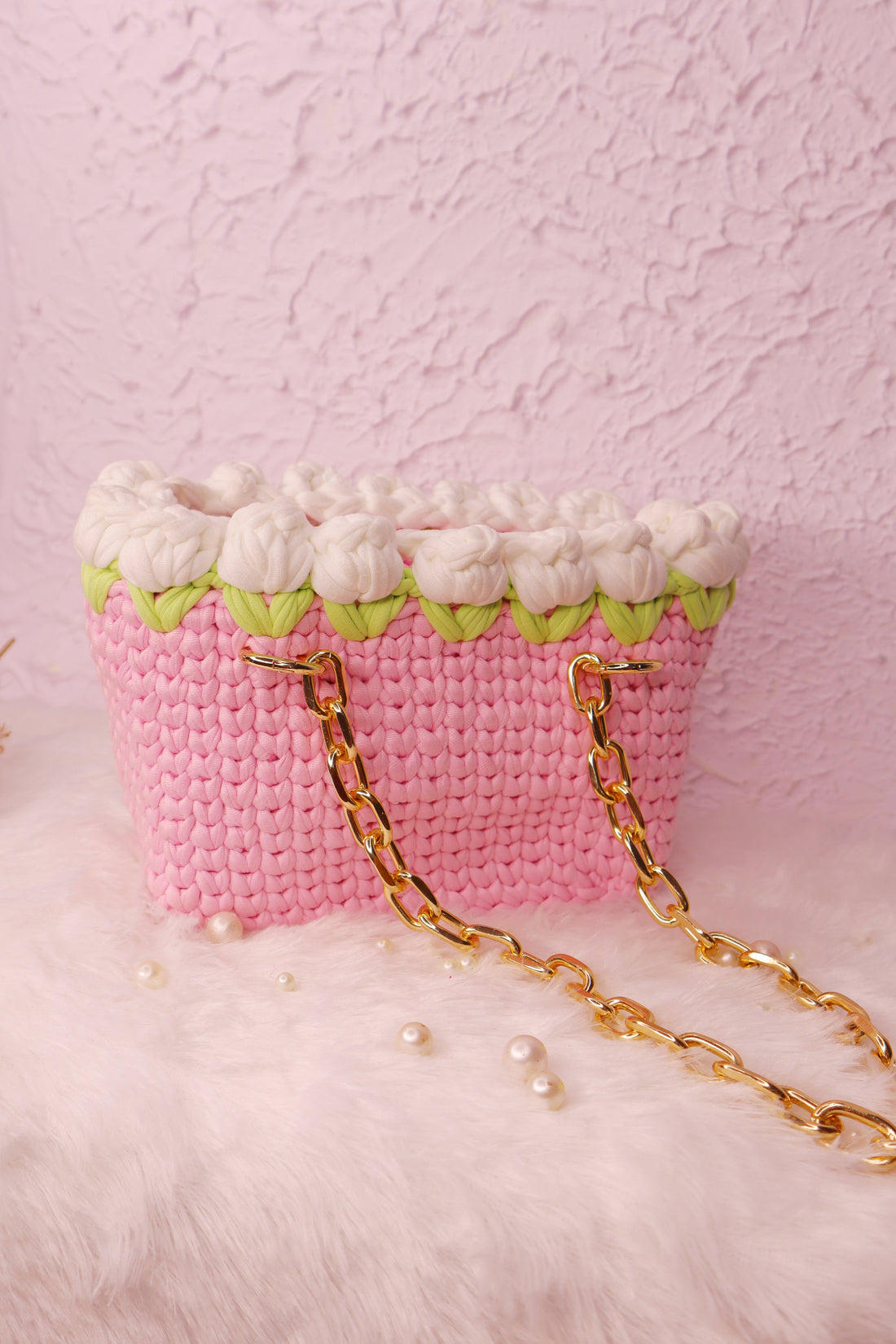 White Tulips on Pink Handmade Crochet Bag