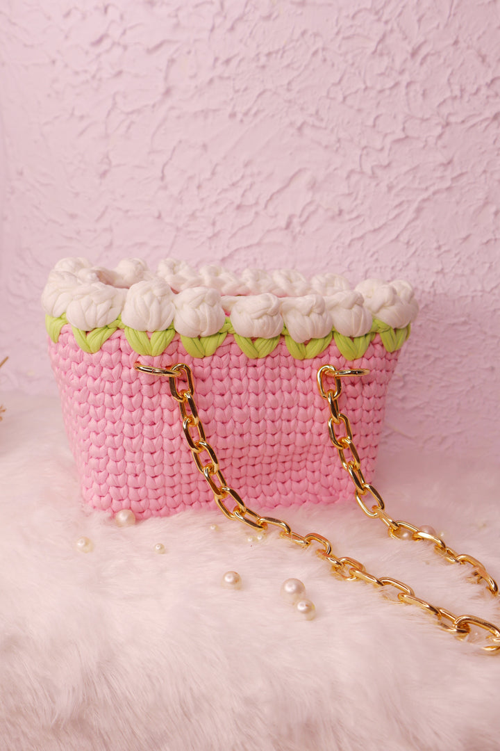 White Tulips on Pink Handmade Crochet Bag