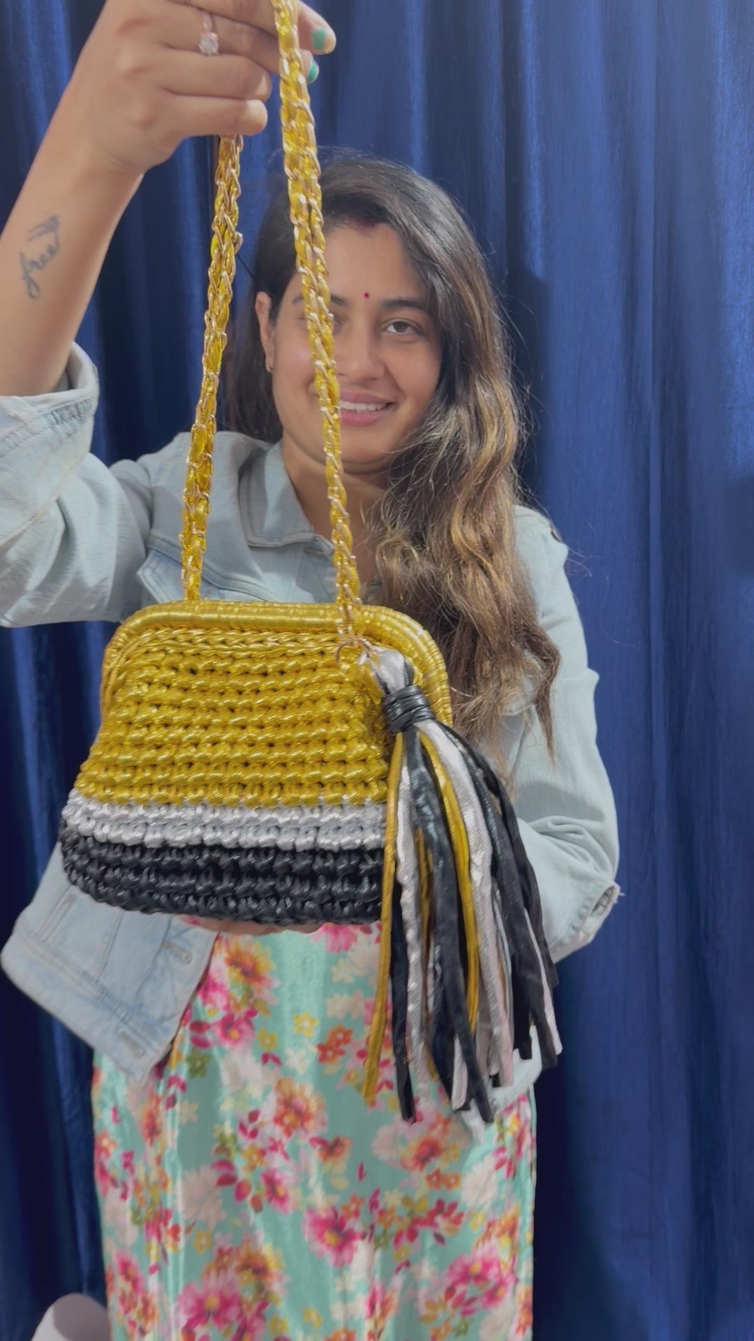 Gold Silver & Black Triple Tone Crochet Clutch with Sling and Tassel