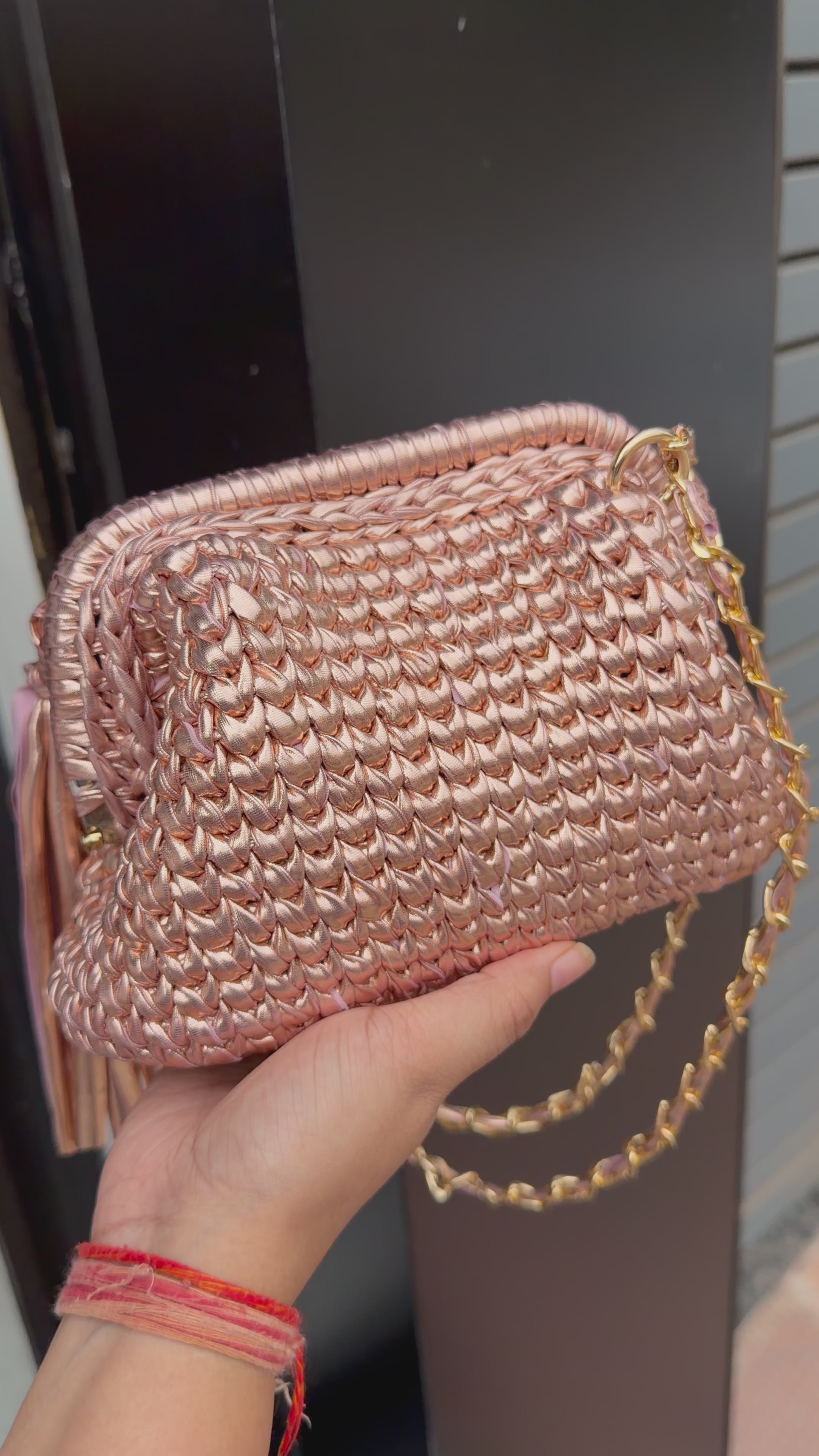 Rose Gold Crochet Clutch with Sling and Tassel