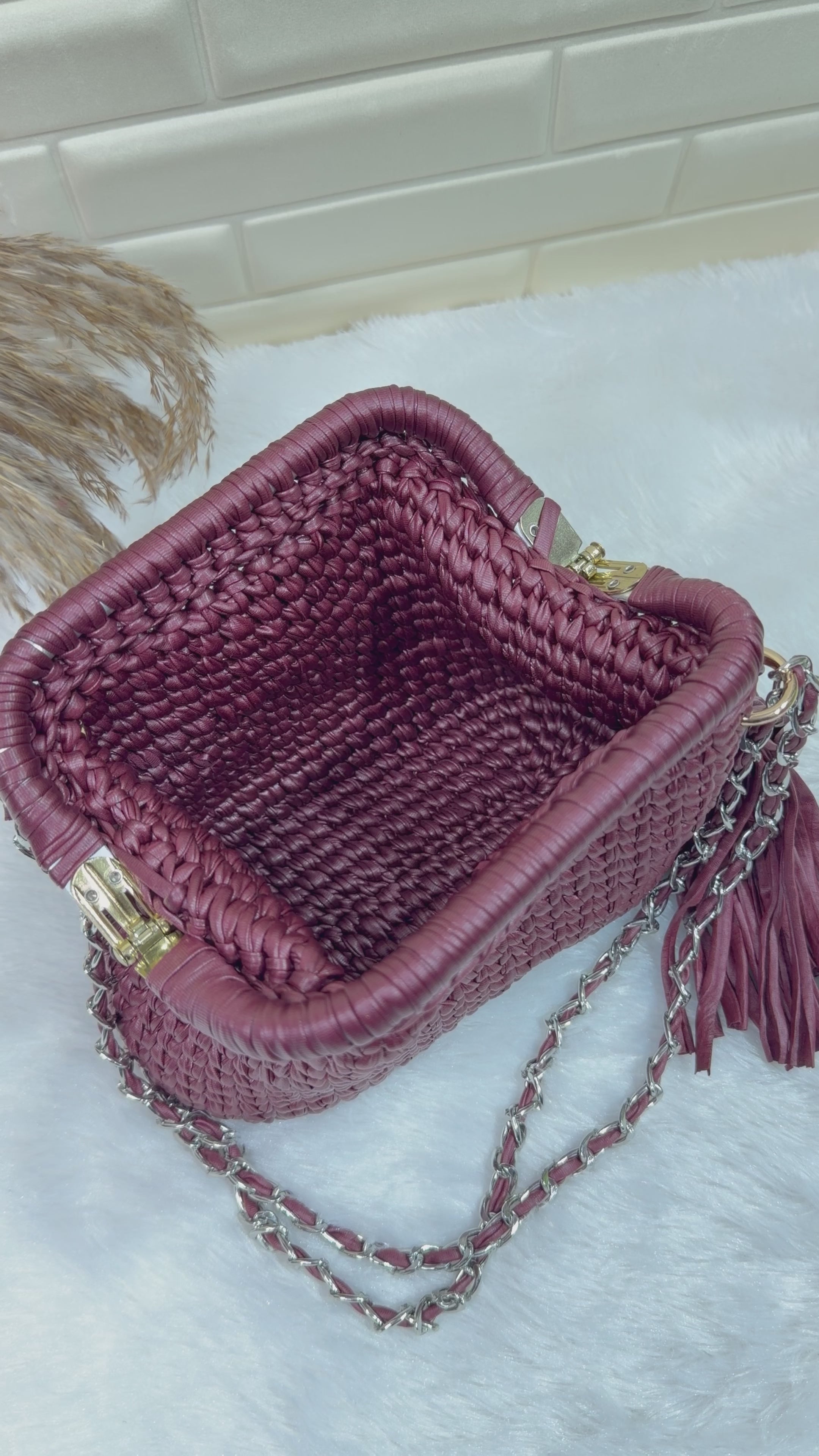 Deep Merlot Leather Yarn Crochet Clutch with Chain Sling and Tassel