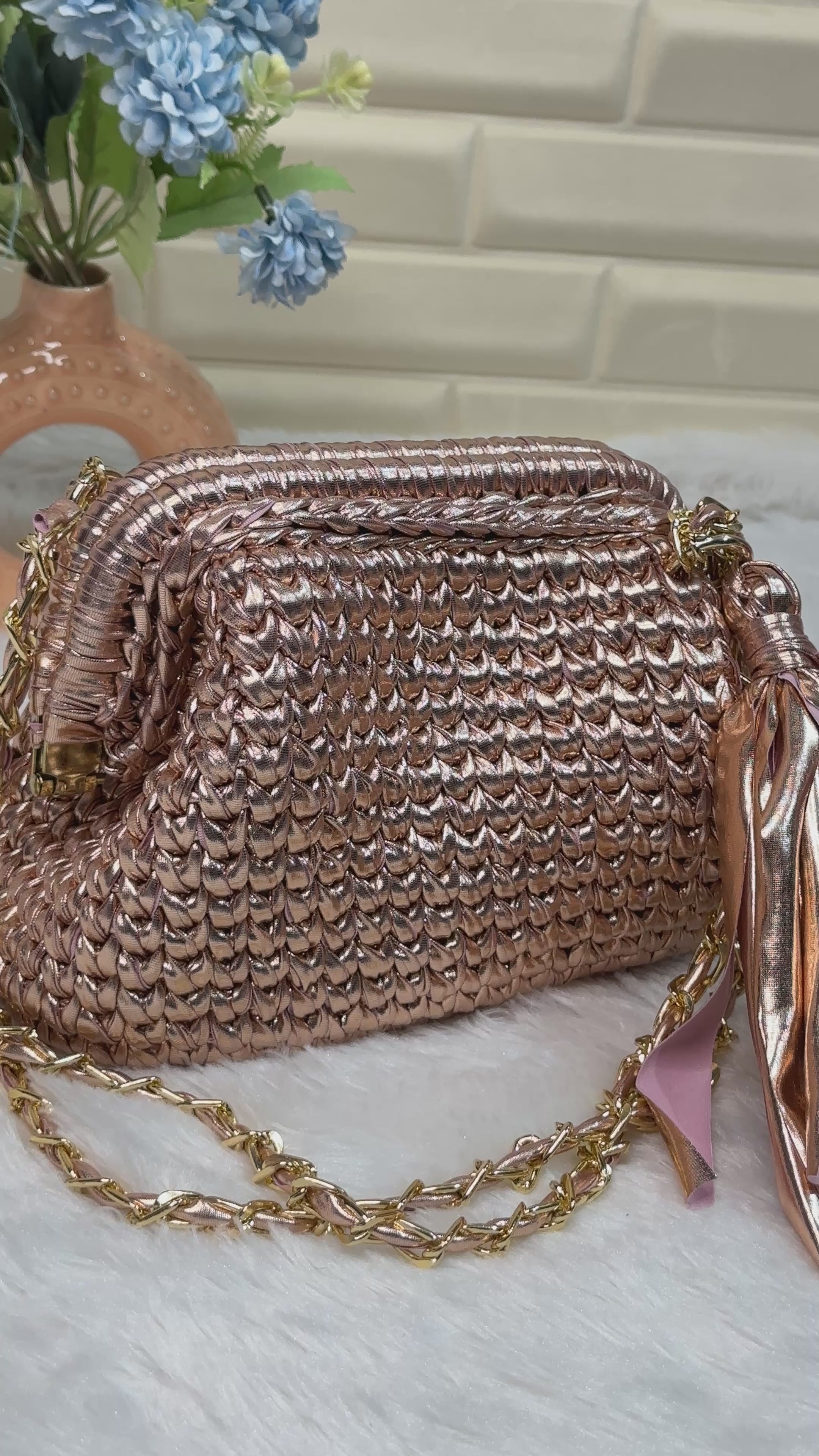 Rose Gold Crochet Clutch with Sling and Tassel
