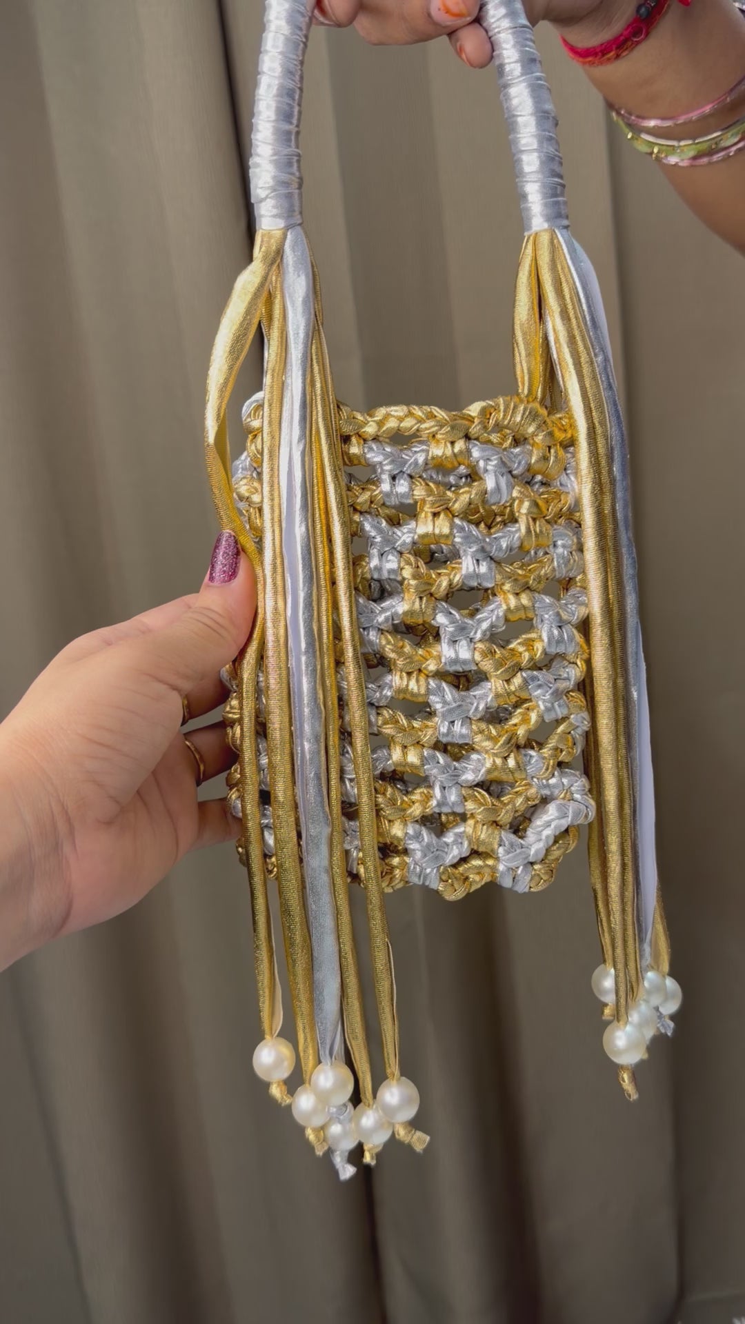 Silver Golden Phone Sling with Pearls