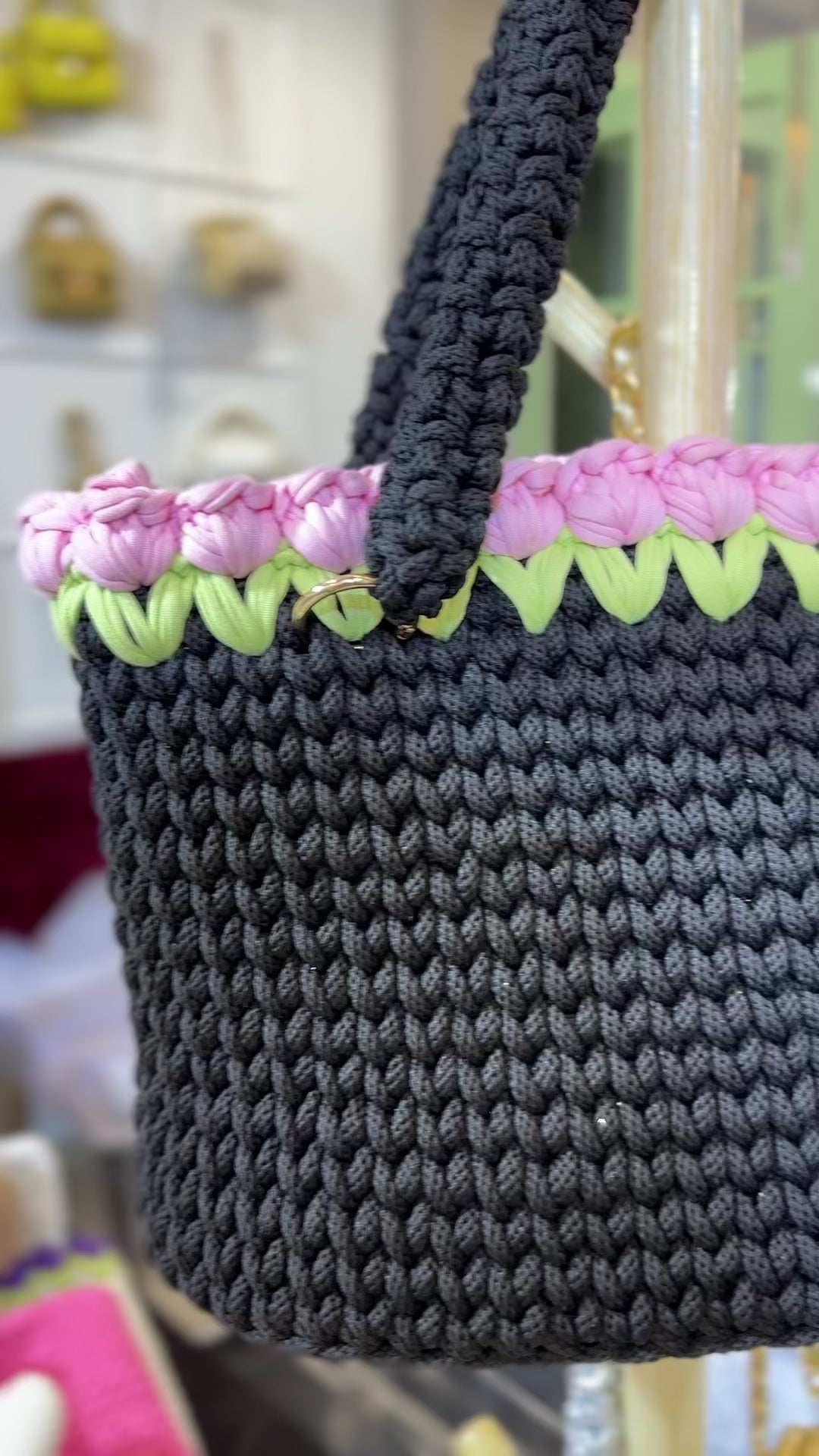 Charcoal Crochet Tote With Light  Pink Tulips