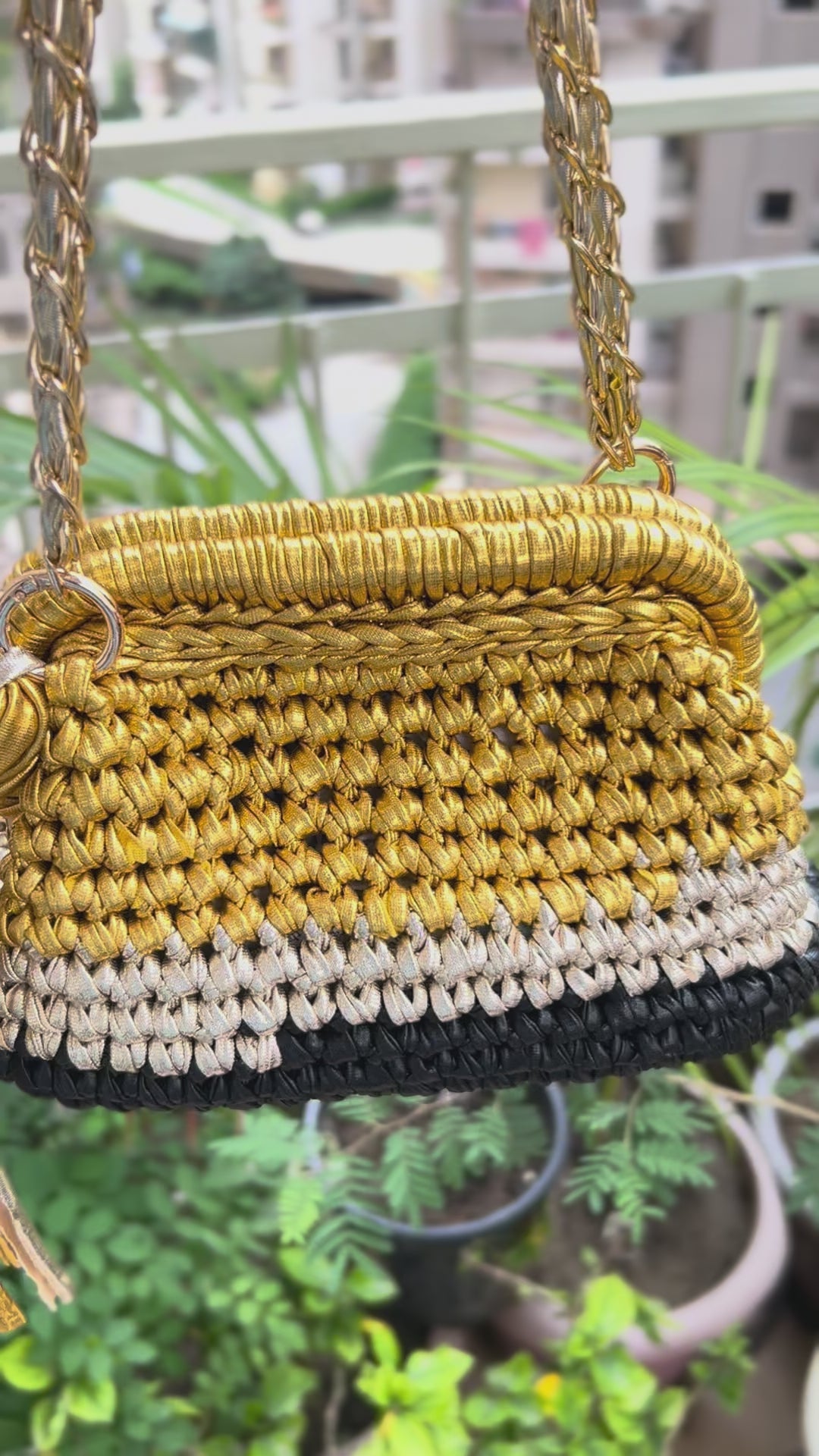 Gold Silver & Black Triple Tone Crochet Clutch with Sling and Tassel