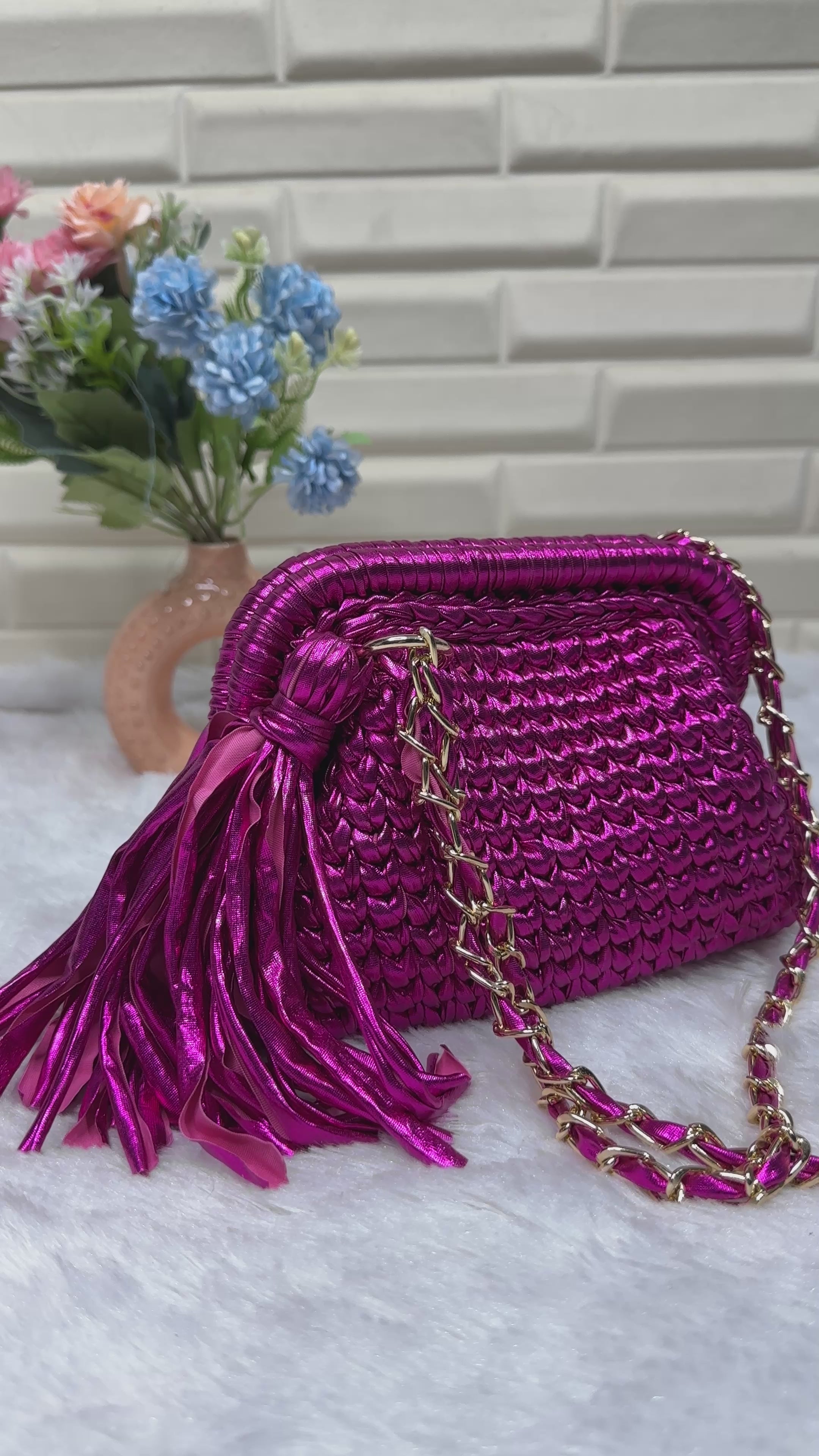 Hot Pink Glam Metallic Crochet Clutch