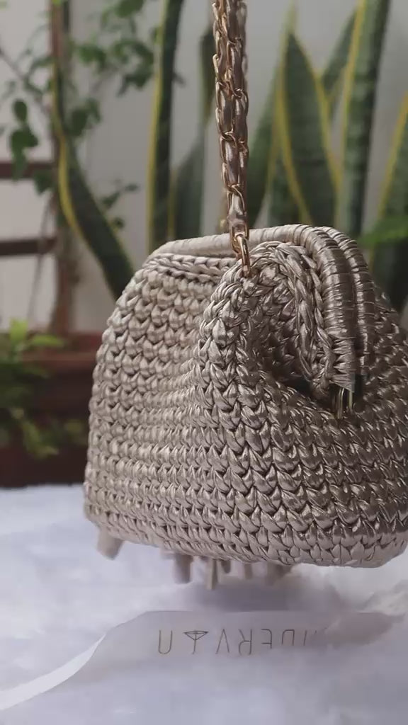 Light Golden Metallic Crochet Clutch with Sling and Tassel