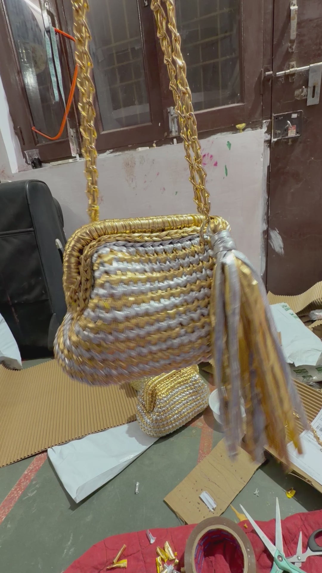 Golden & Silver Luxe Metallic Crochet Clutch (Price Drop)