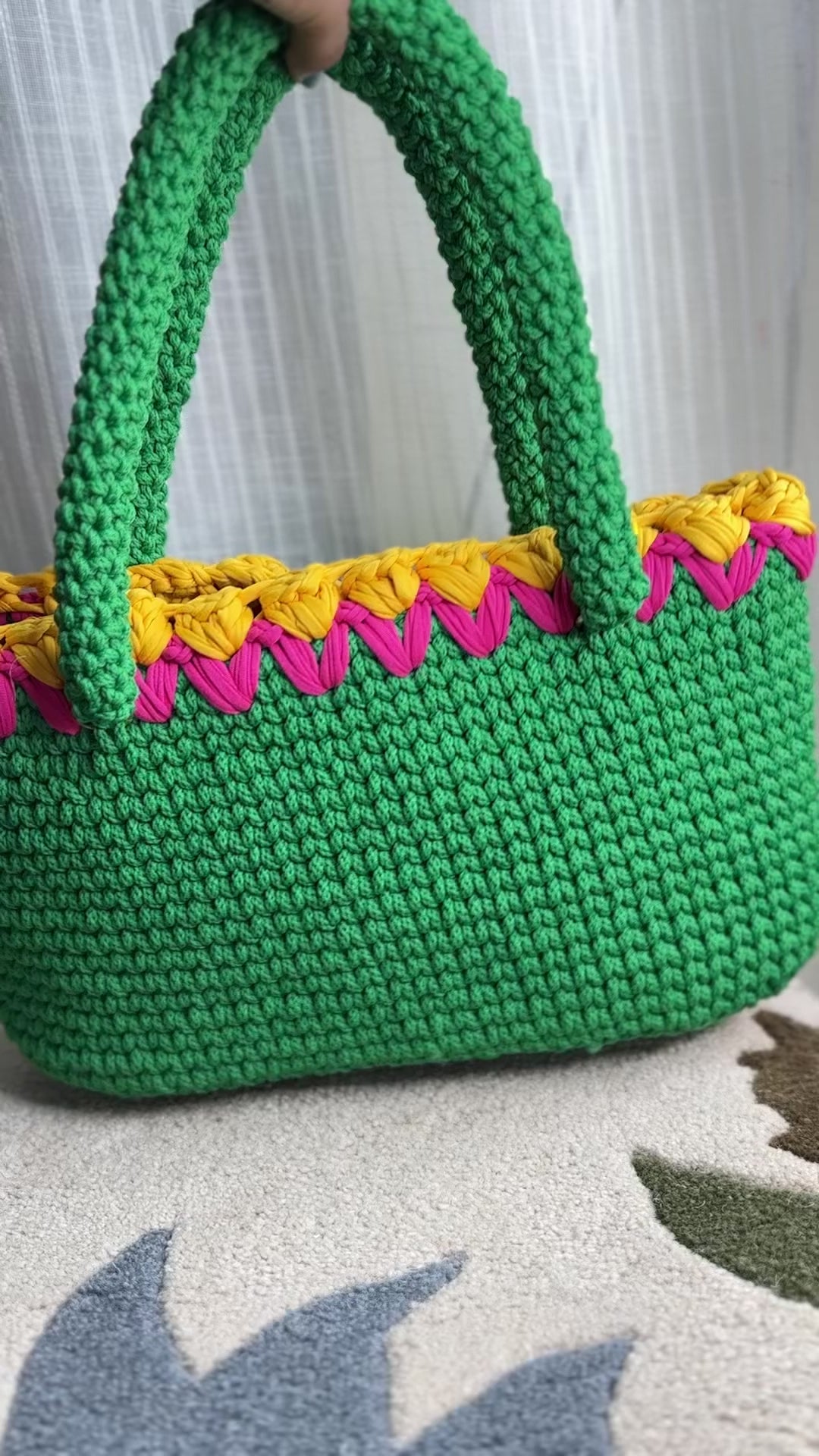 Green Crotchet Tote With Yellow Tulips