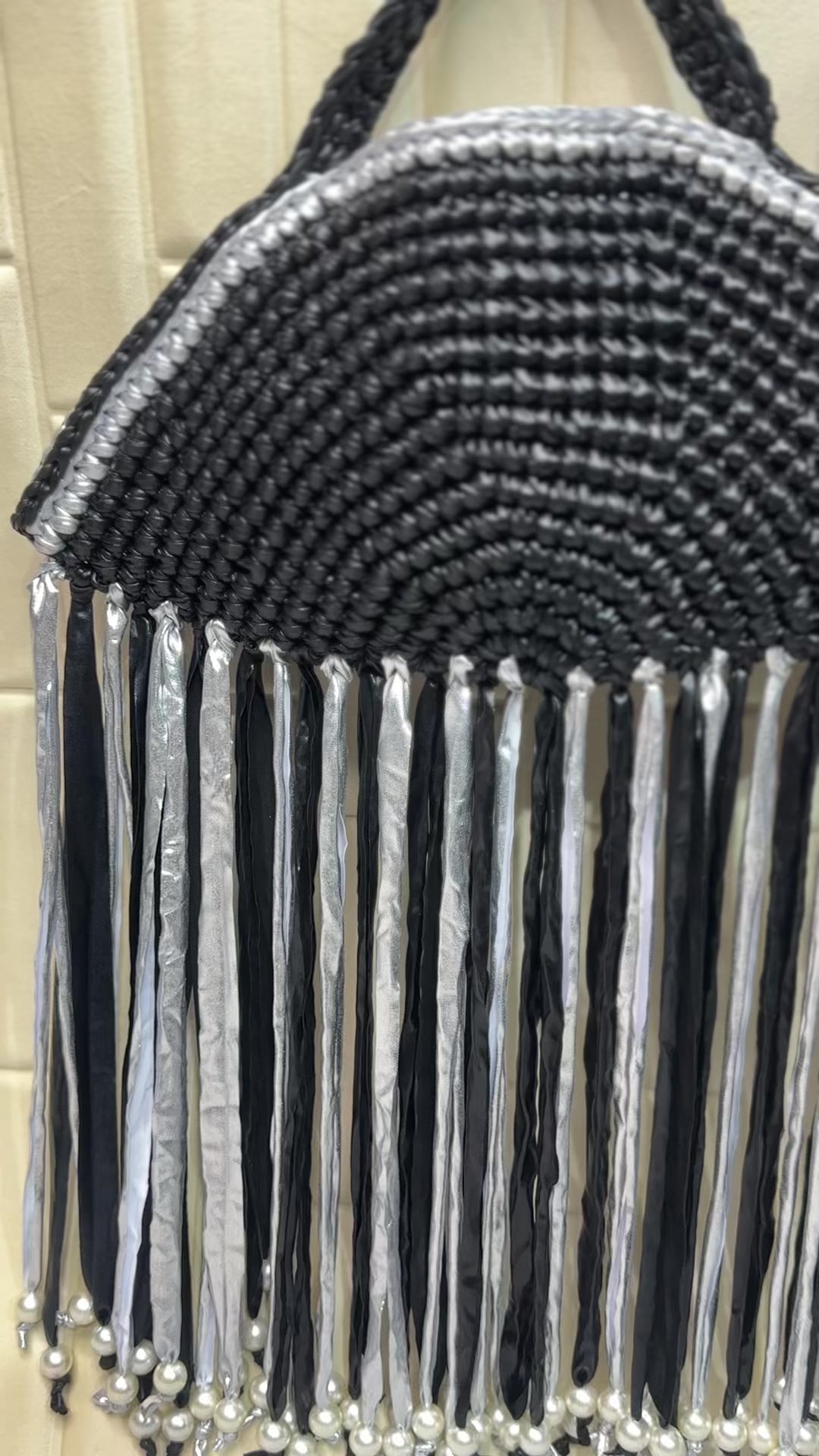 Midnight Silver Moon Metallic Crochet Fringe Handbag with Pearls