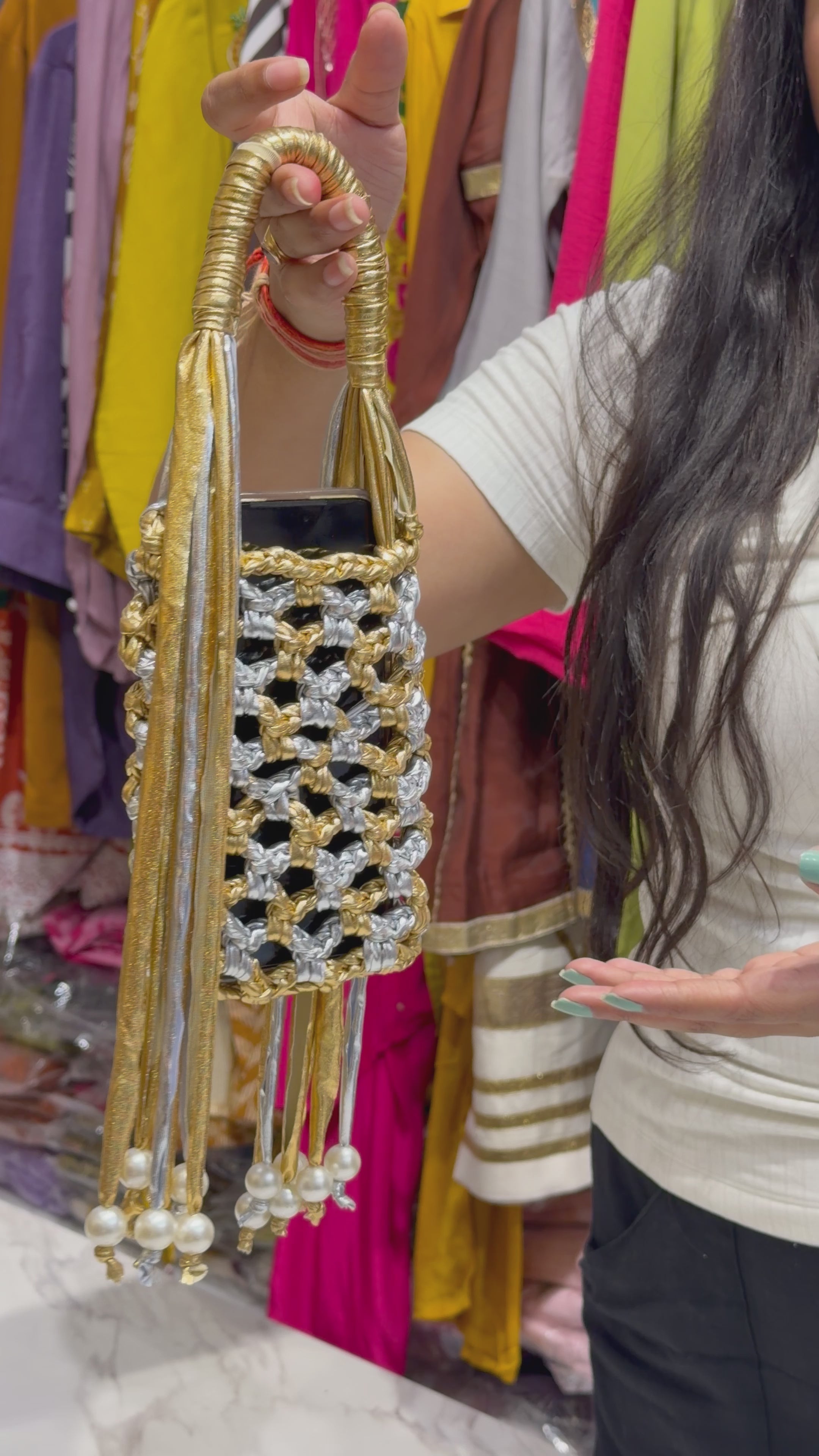 Silver Golden Phone Sling with Pearls