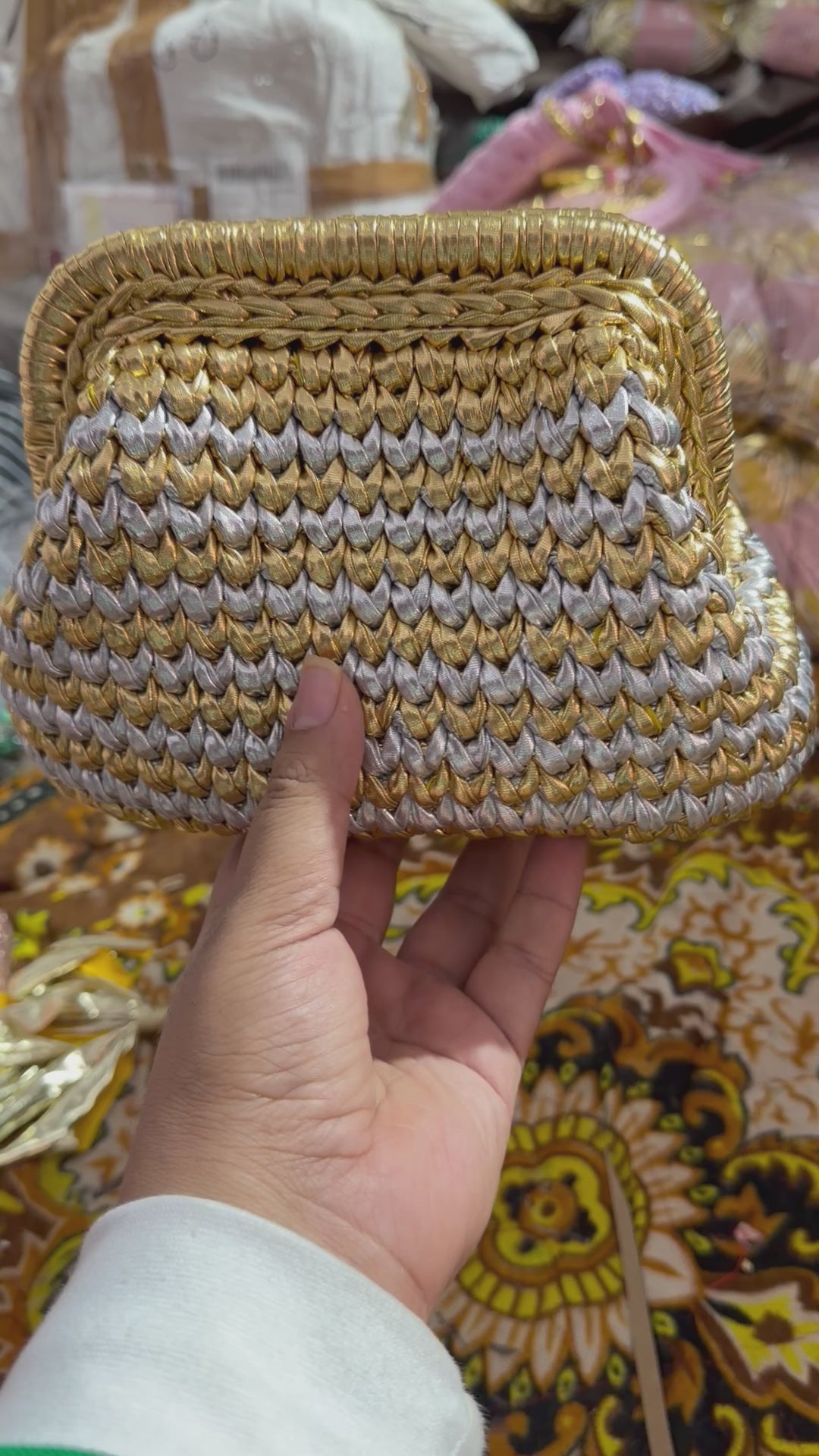Golden & Silver Luxe Metallic Crochet Clutch (Price Drop)