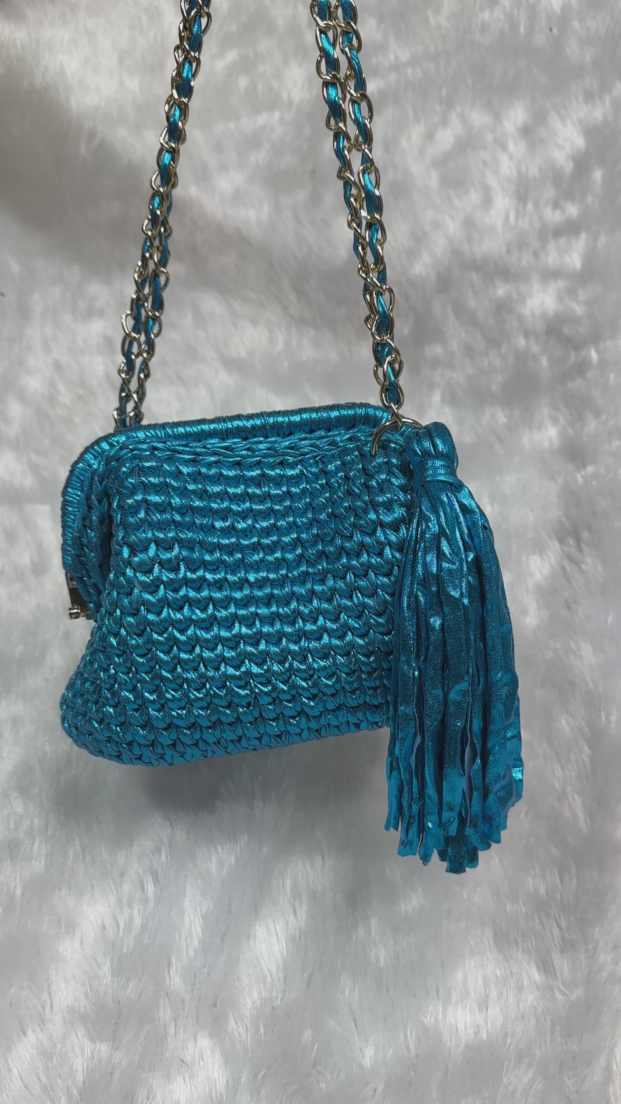 Peacock Blue Metallic Crochet Clutch with Chain Sling and Tassel