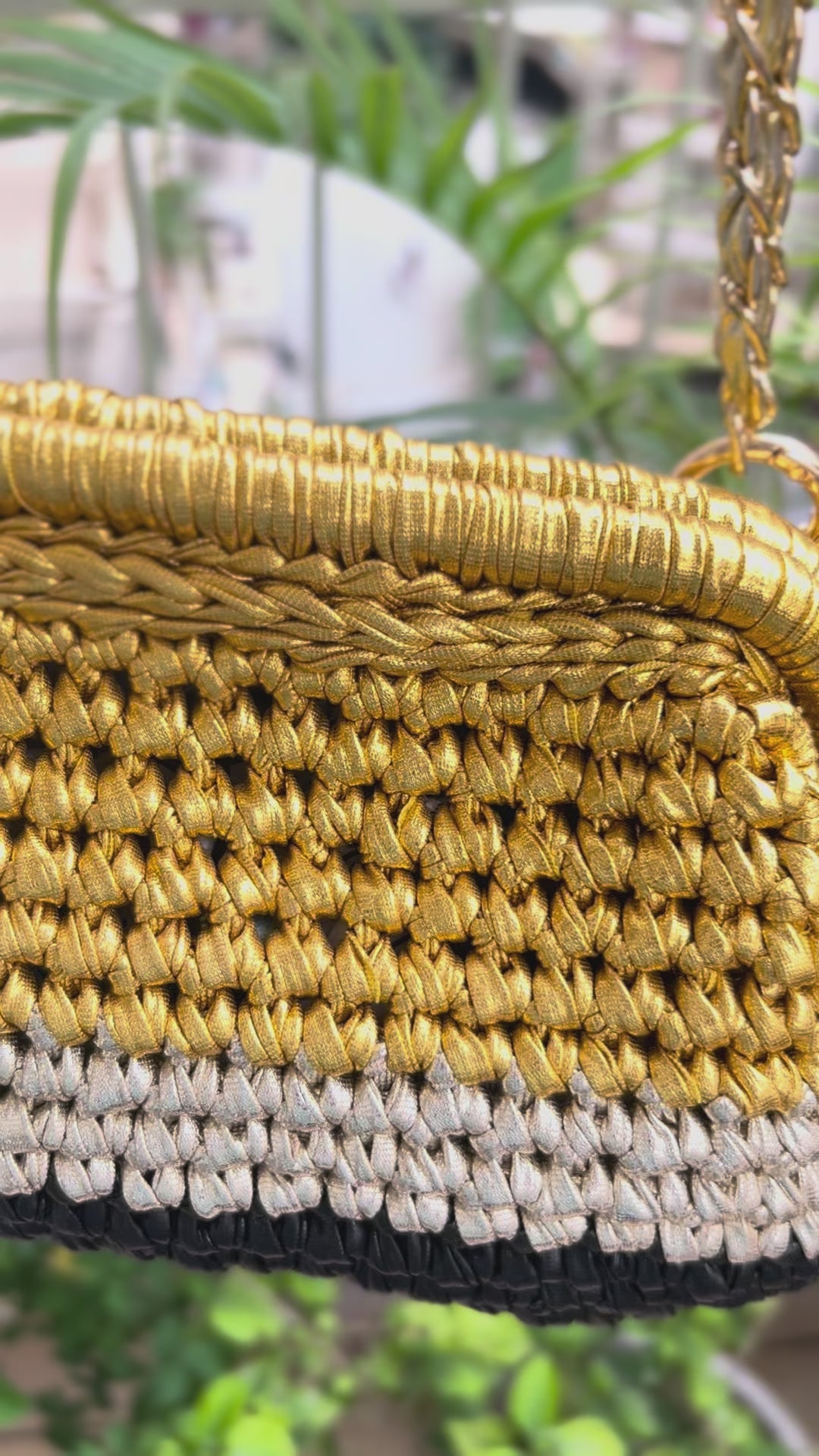 Gold Silver & Black Triple Tone Crochet Clutch with Sling and Tassel