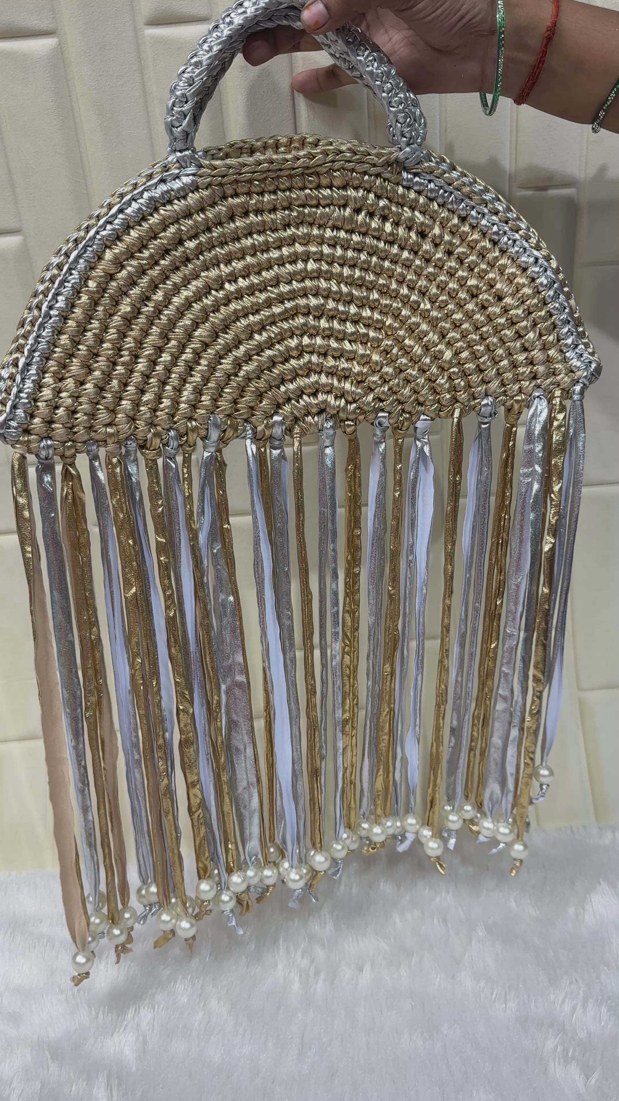 Gold & Silver Moon Metallic Crochet Fringe Handbag with Pearls