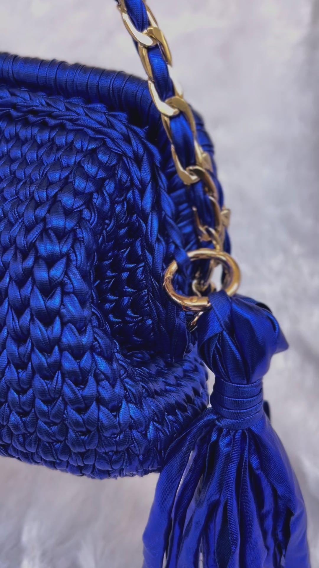 Blue Metallic Crochet Clutch with Chain & Tassel