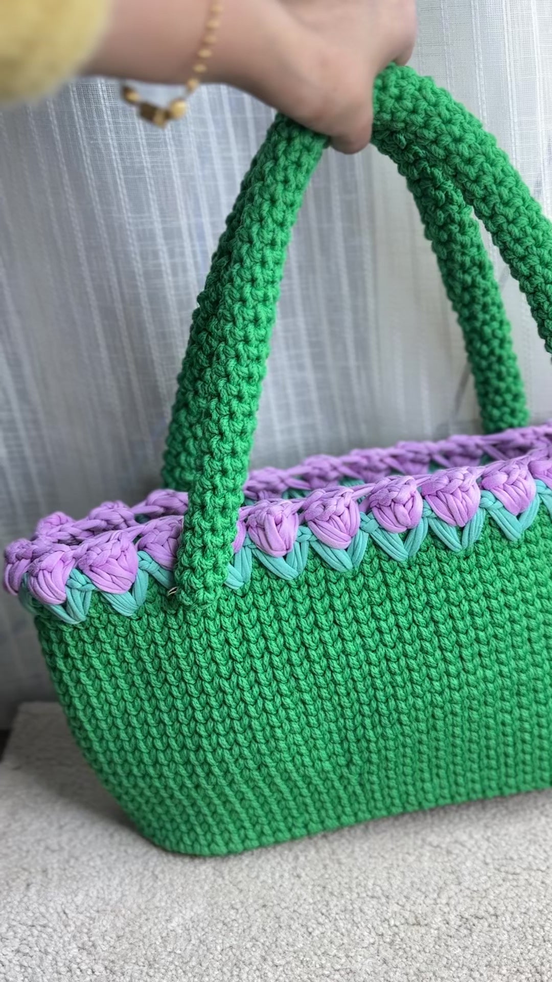 Green Crotchet Tote With Purple Tulips