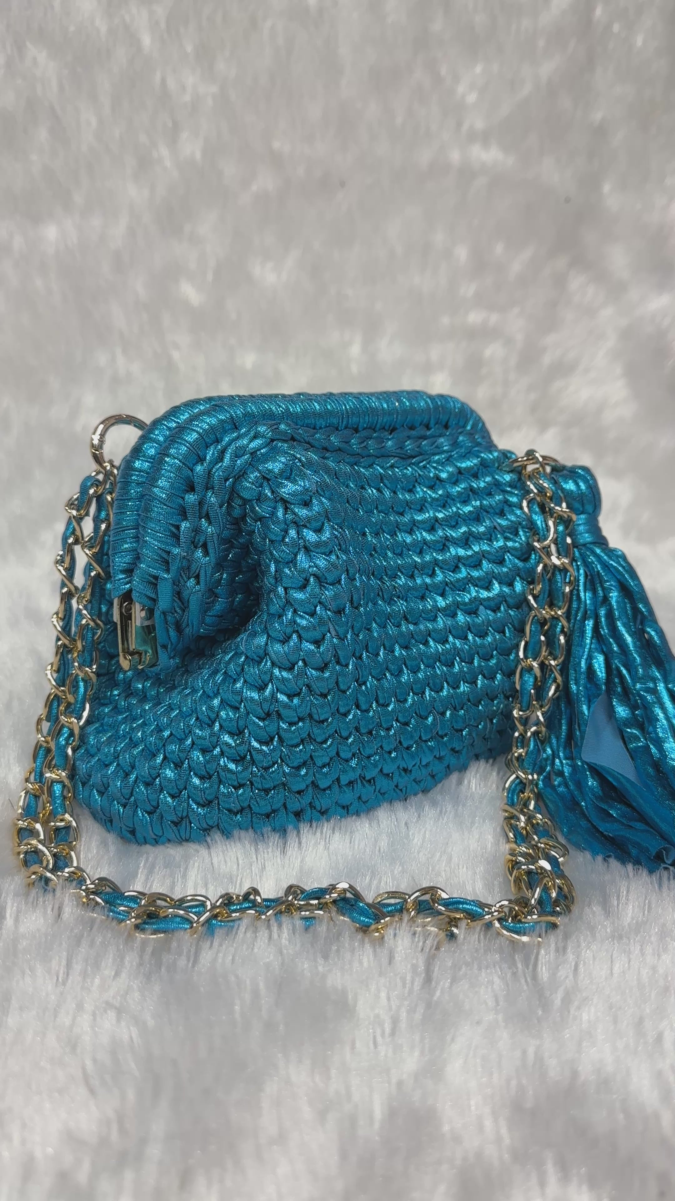Peacock Blue Metallic Crochet Clutch with Chain Sling and Tassel