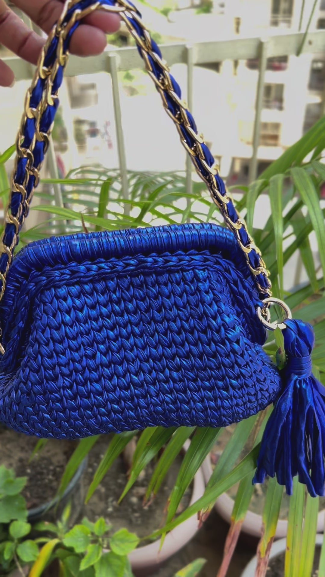 Blue Metallic Crochet Clutch with Chain & Tassel
