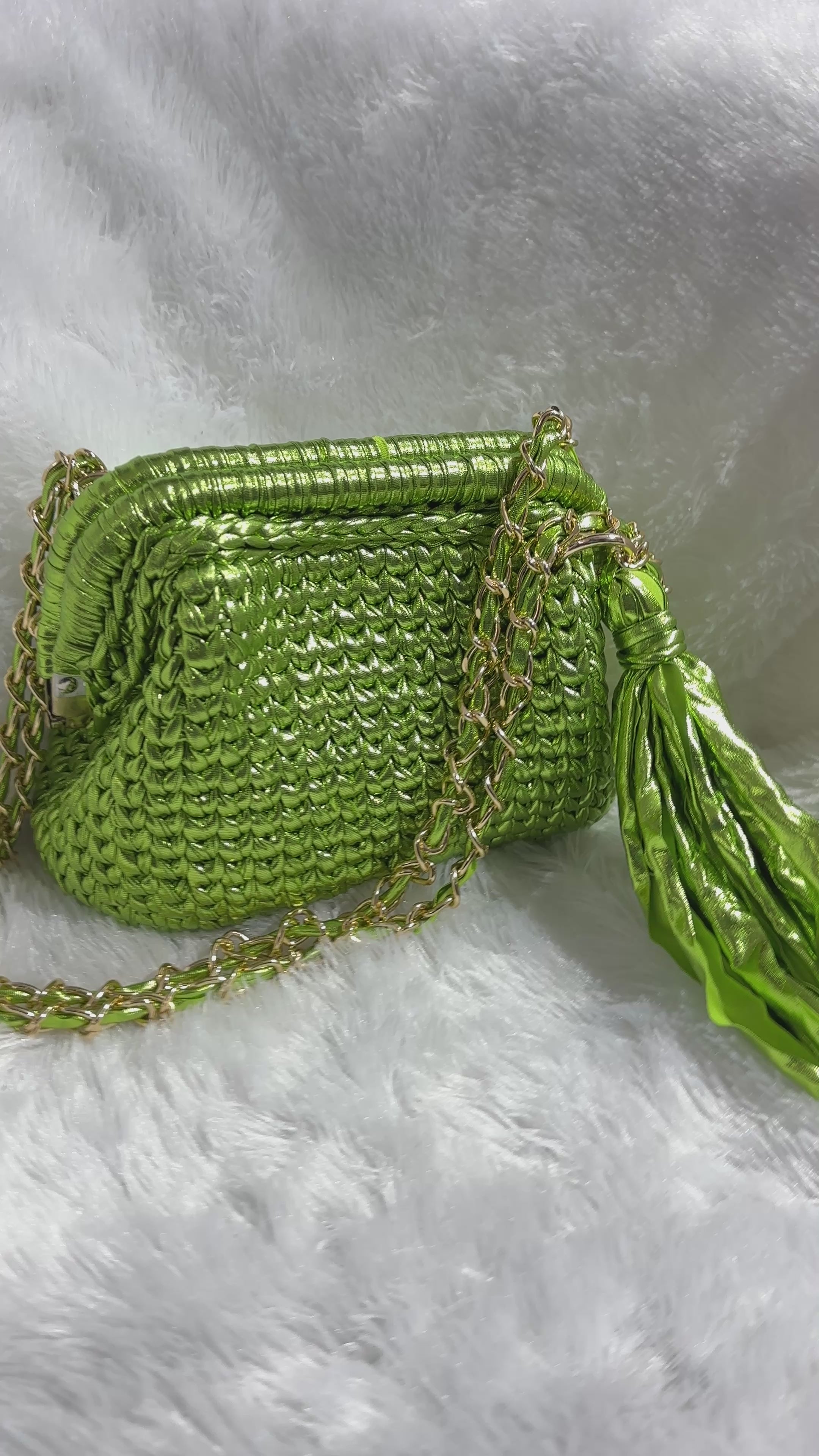 Lime Green Metallic Crochet Clutch with Sling and Tassel