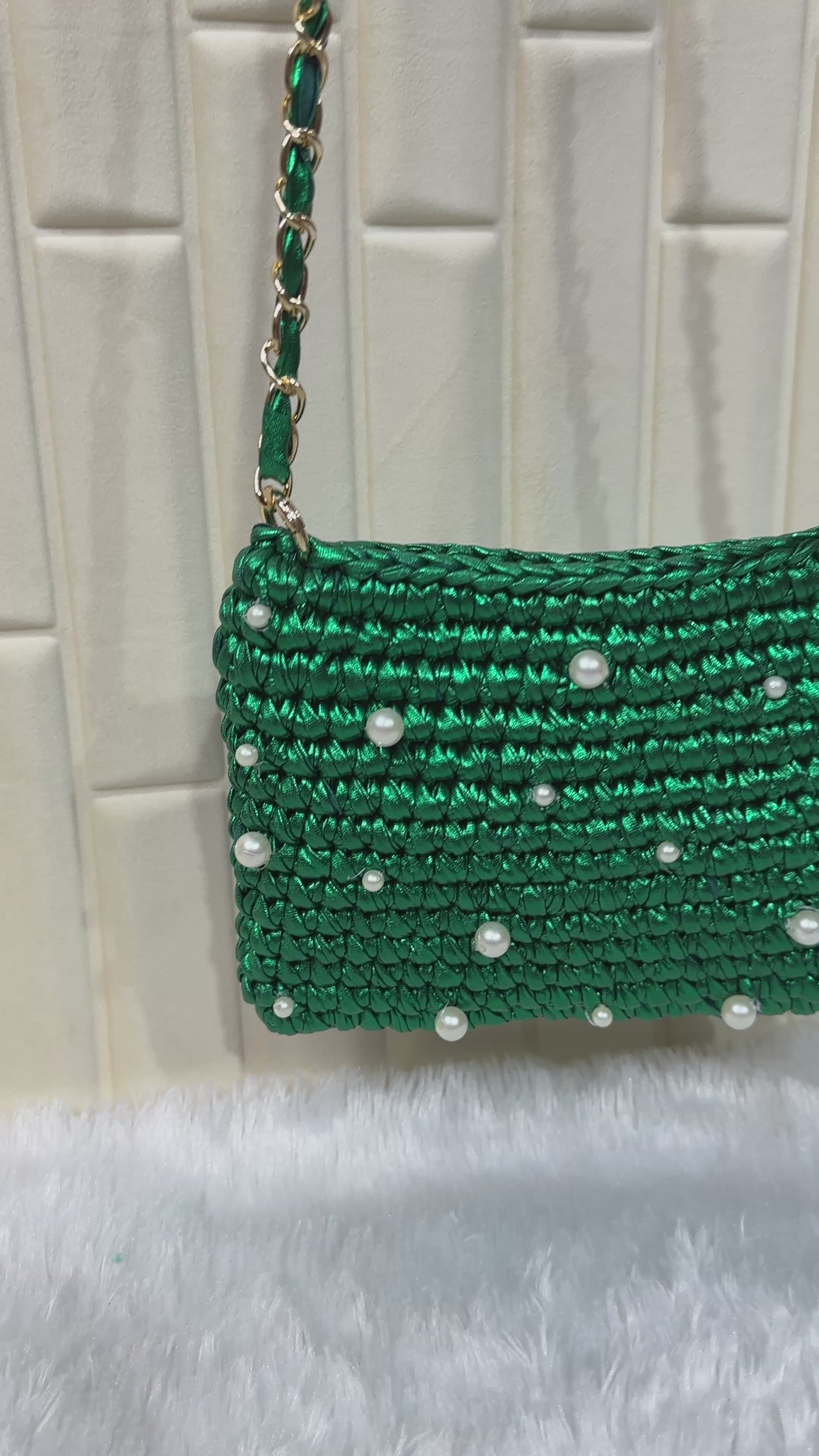 Emerald Pearl Metallic Crochet Chain Sling Bag