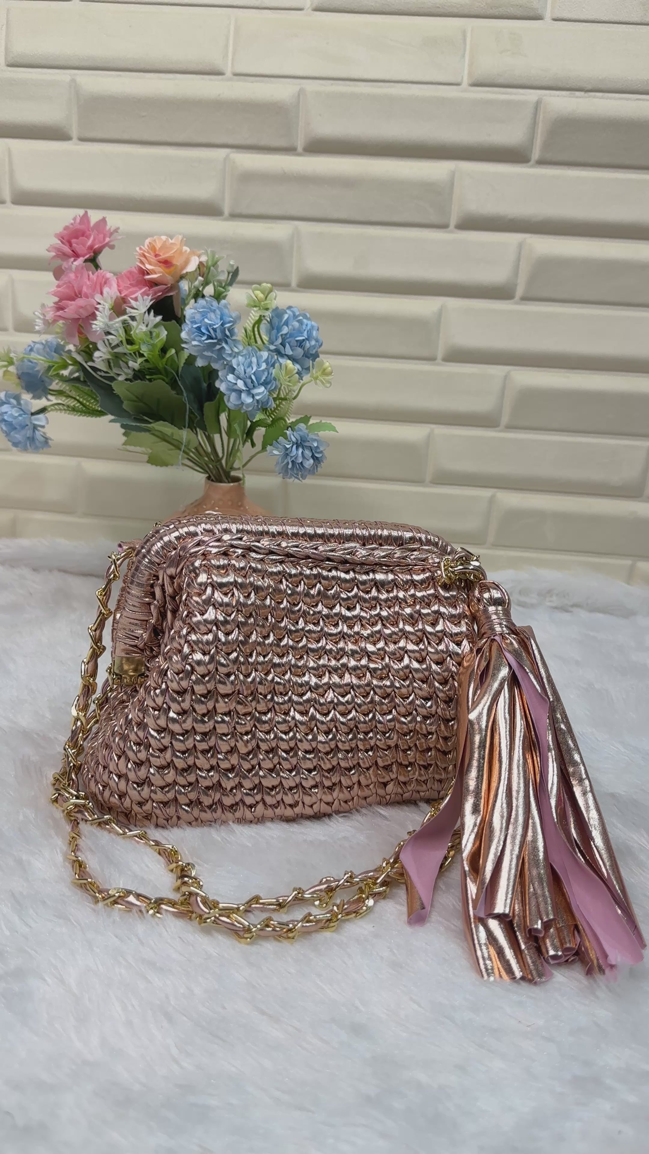 Rose Gold Crochet Clutch with Sling and Tassel