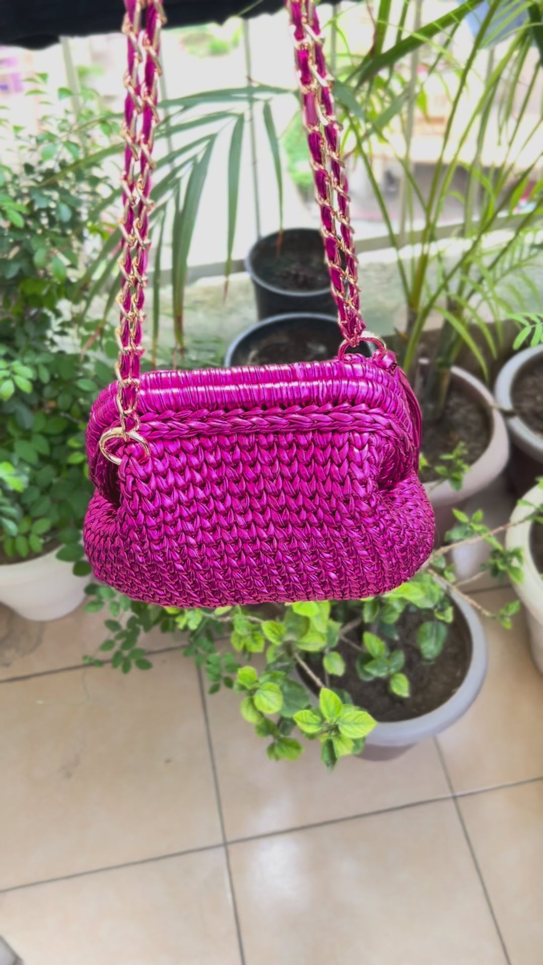 Hot Pink Glam Metallic Crochet Clutch ( dispatch in 2 days )