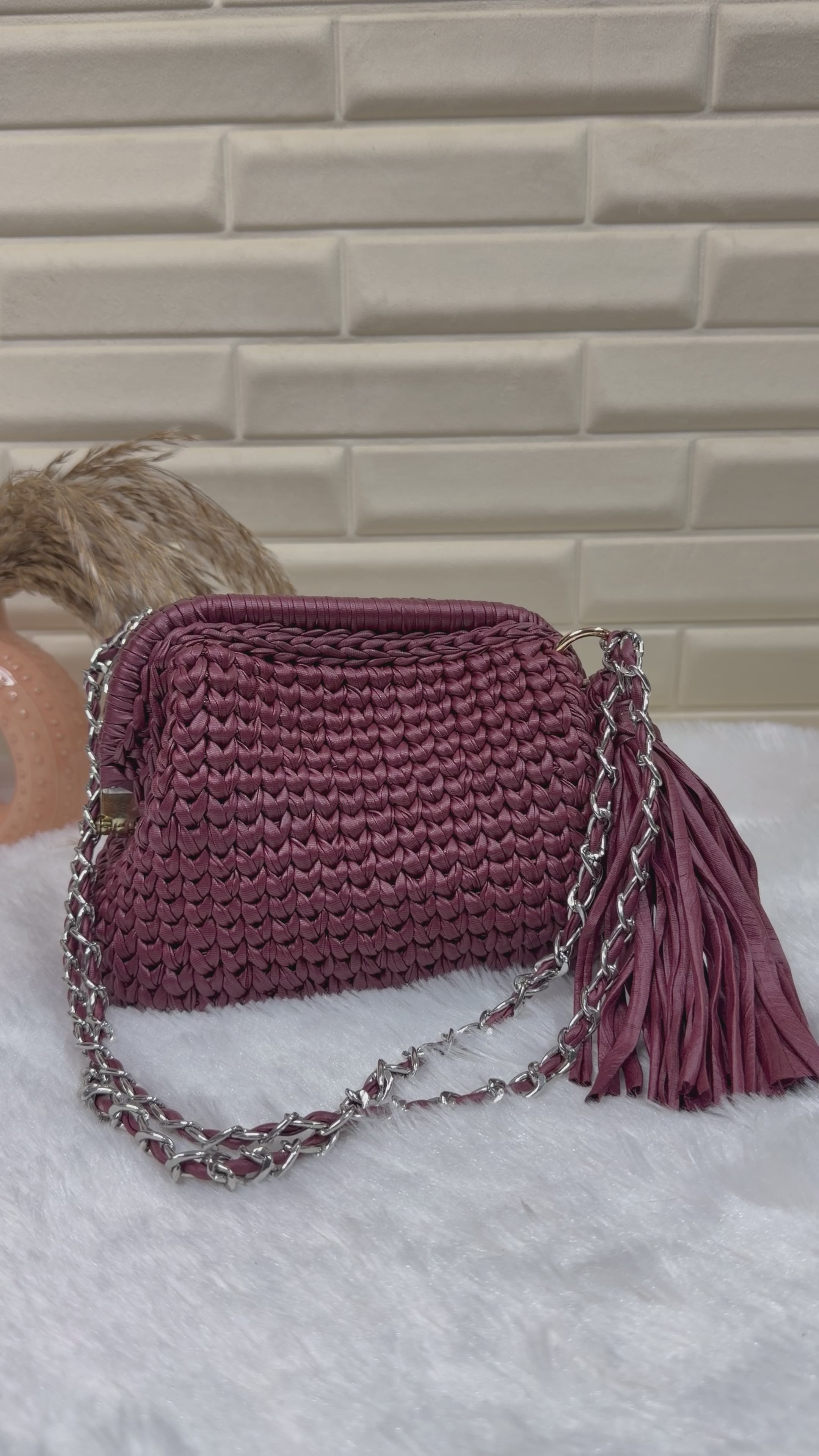 Deep Merlot Leather Yarn Crochet Clutch with Chain Sling and Tassel