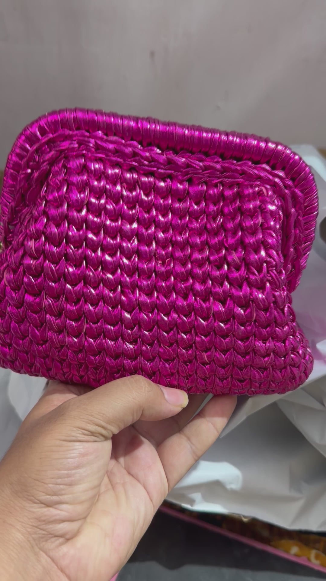 Hot Pink Glam Metallic Crochet Clutch ( dispatch in 2 days )