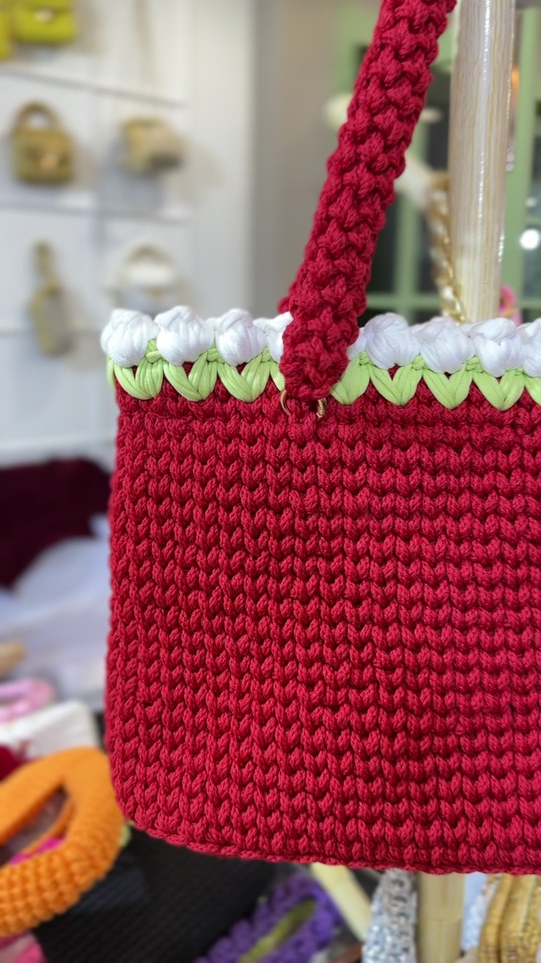Red Crochet Tote with White Tulips