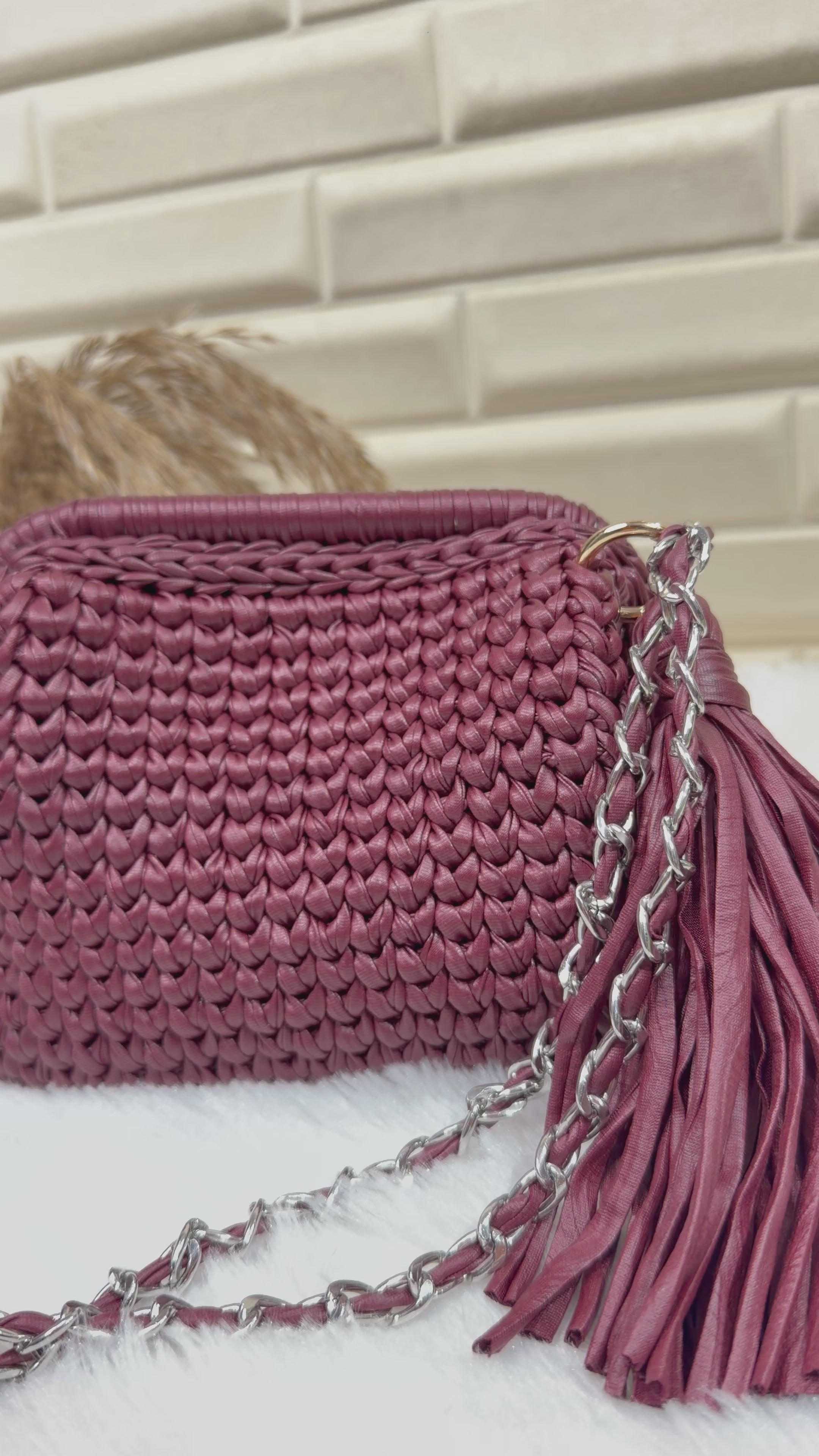 Deep Merlot Leather Yarn Crochet Clutch with Chain Sling and Tassel